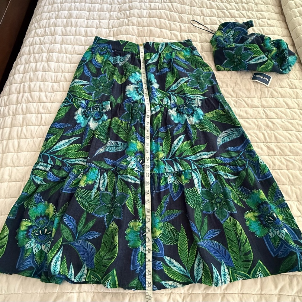 Rachel Zoe Blue and Green Leaf/ Flower Print Long Pull On Skirt Set XL - Picture 9 of 13